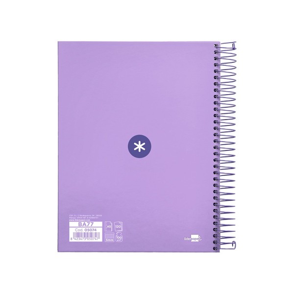 Cuaderno espiral liderpapel a5 micro antartik tapa forrada120h 100 gr cuadro 5mm 5 banda6 taladros color lavanda