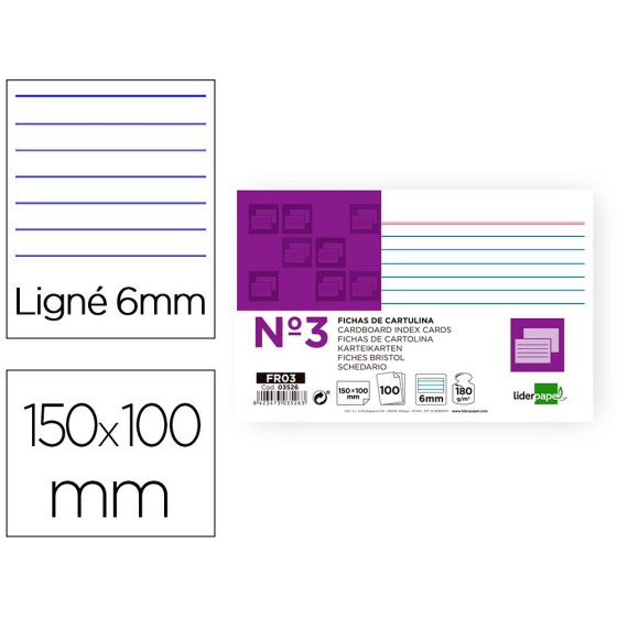 Ficha liderpapel rayada nº3 100x150 mm 180g/m2 paquete de 100 unidades