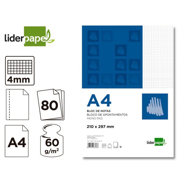 Bloc notas liderpapel cuadro 4mm a4 80 hojas 60g/m2 perforado