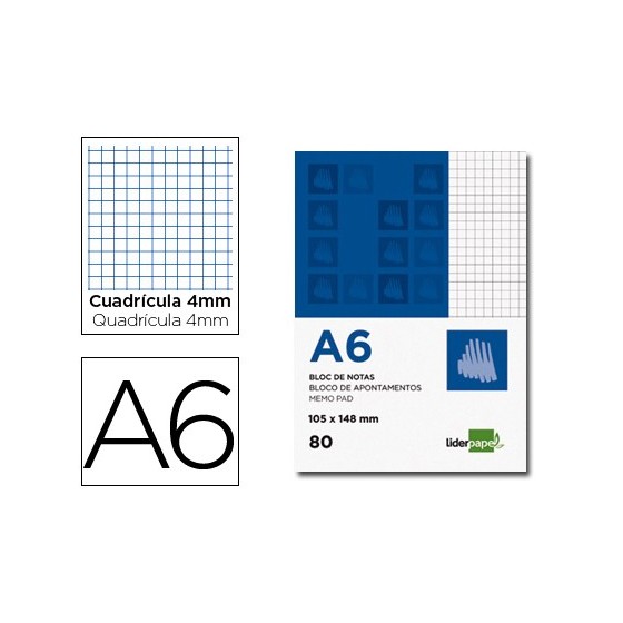 Bloc notas liderpapel cuadro 4mm a6 80 hojas 60g/m2 perforado