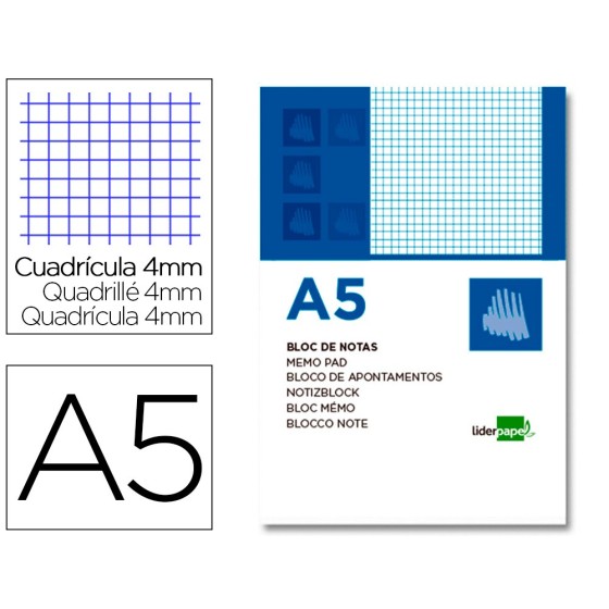 Bloc notas liderpapel cuadro 4mm a5 80 hojas 60g/m2 perforado