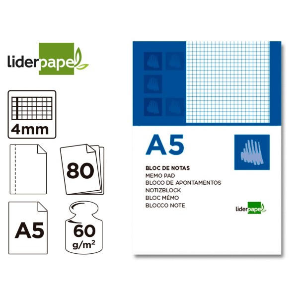 Bloc notas liderpapel cuadro 4mm a5 80 hojas 60g/m2 perforado