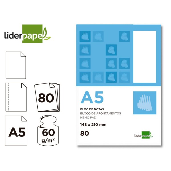Bloc notas liderpapel liso a5 80 hojas 60g/m2 perforado