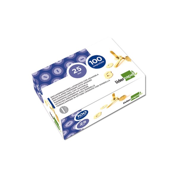 Encuadernadores liderpapel latonados con arandela 25 mm caja de 100 unidades