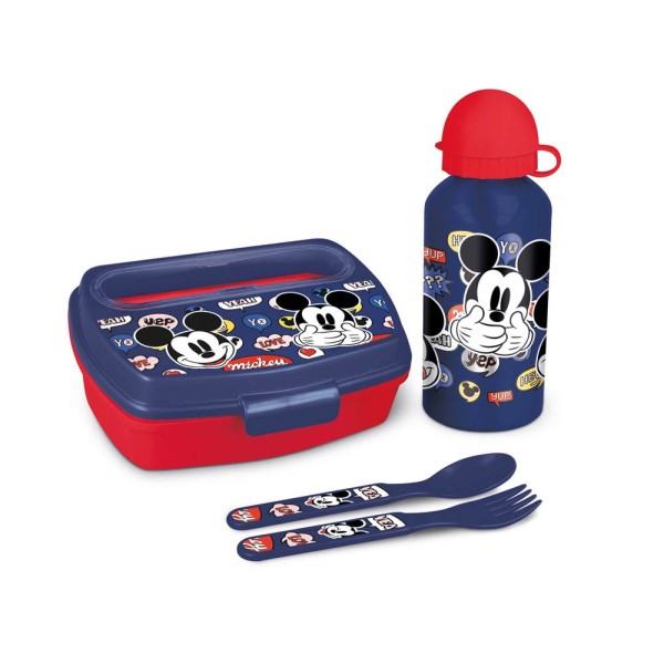 Set De Botella Y Sandwichera + Cubiertos Mickey Mouse Happy Smiles 