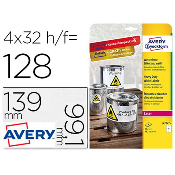 Etiqueta Adhesiva Resistente Avery Poliester Blanco 99,1X139 Mm Para Impresora Laser Pack De 32 Unidades