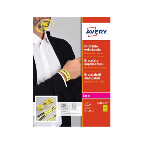 Pulsera Identificativa Avery Polietileno Amarillo Fluorescente Imprimible Laser 265X18 Mm Pack De 50 Unidades