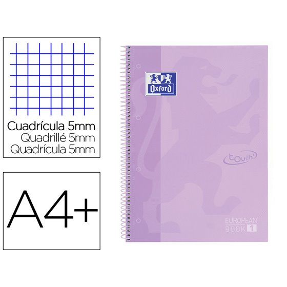 Cuaderno Espiral Oxford Ebook 1 School Touch Te Din A4+ 80 Hojas Cuadro 5 Mm Con Margen Malva Pastel