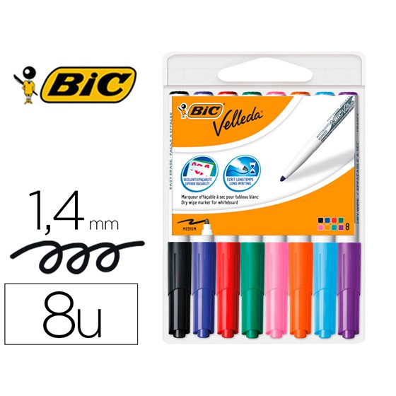 Rotulador Bic Velleda Para Pizarra Punta Redonda 2 Mm Bolsa De 8 Unidades Colores Surtidos