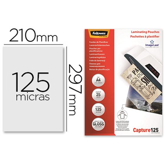 Bolsa De Plastificar Fellowes Brillo Din A4 125 Micras Pack De 25 Unidades