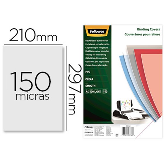 Tapa De Encuadernacion Fellowes Din A4 Pvc 150 Micras Transparente Pack De 100 Unidades