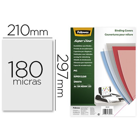 Tapa De Encuadernacion Fellowes Din A4 Pvc Transparente Cristal 180 Micras Pack De 100 Unidades