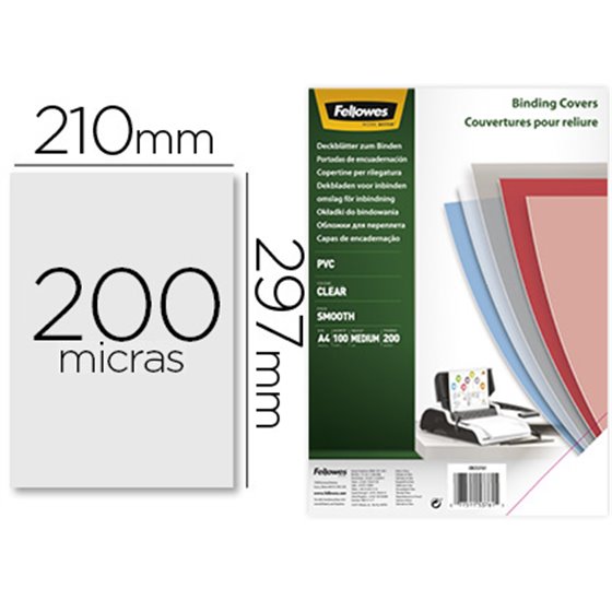 Tapa De Encuadernacion Fellowes Din A4 Pvc Transparente Cristal 200 Micras Pack De 100 Unidades