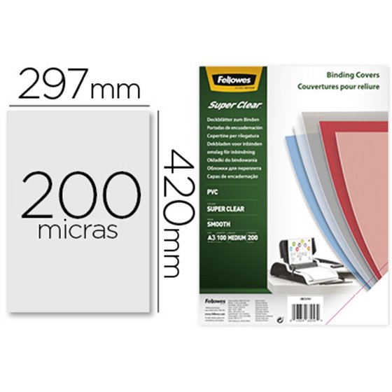 Tapa De Encuadernacion Fellowes Din A3 Pvc Transparente Cristal 200 Micras Pack De 100 Unidades