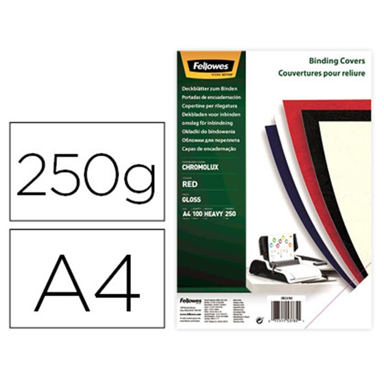 Tapa De Encuadernacion Fellowes Din A4 Carton Brillo Rojo Chromolux 250 Gr Pack De 100 Unidades