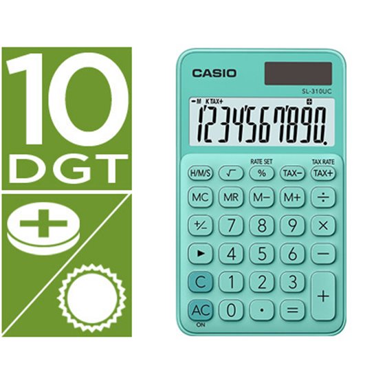 Calculadora Casio Sl-310Uc-Gn Bolsillo 10 Digitos Tax +/- Tecla Color Verde
