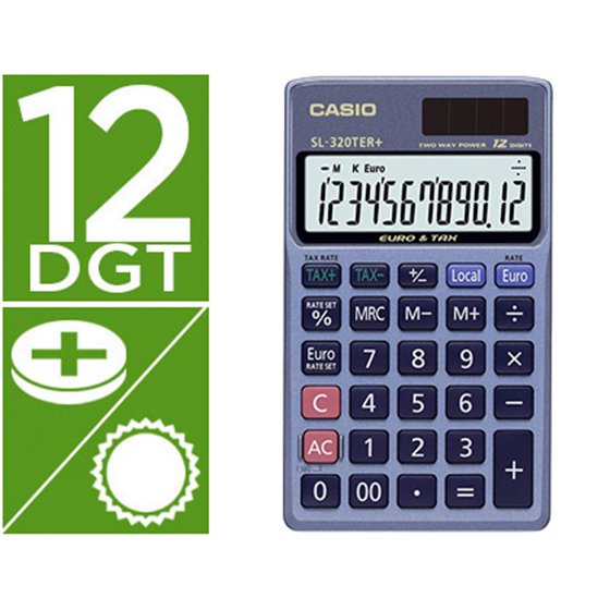 Calculadora Casio Sl-320Ter Bolsillo 12 Digitos Tax +/- Conversion Moneda Tecla Doble Cero Color Azul