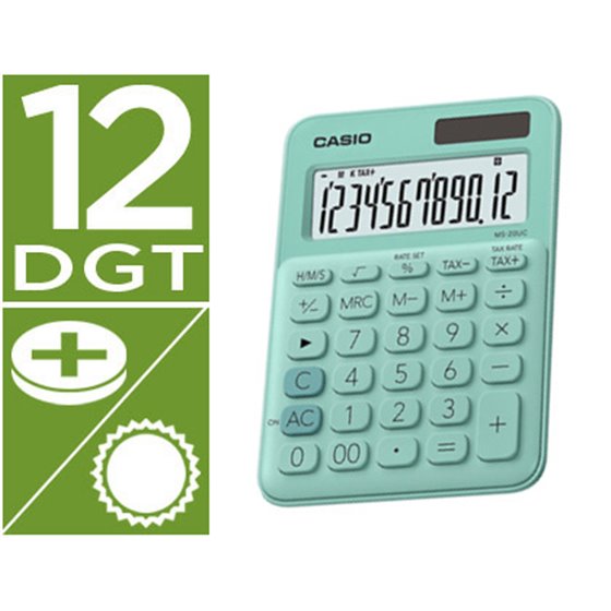 Calculadora Casio Ms-20Uc-Gn Sobremesa 12 Digitos Tax +/- Color Verde