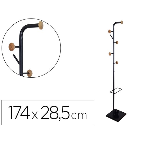 Perchero Metalico Q-Connect Negro Con Detalles De Madera 6 Colgadores Y Paraguero 174X28,5 Cm