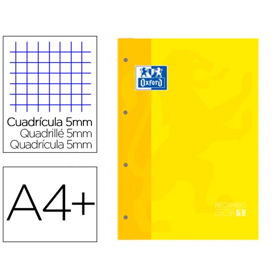 Recambio Color 1 Oxford Din A4+ 80 Hojas 90 Gr Cuadro 5 Mm 4 Taladros Color Amarillo