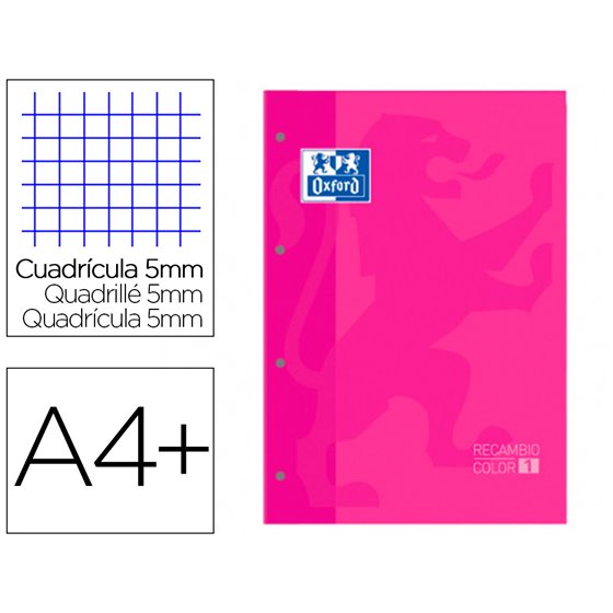 Recambio Color 1 Oxford Din A4+ 80 Hojas 90 Gr Cuadro 5 Mm 4 Taladros Color Fucsia