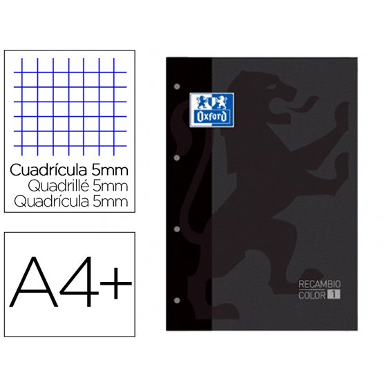 Recambio Color 1 Oxford Din A4+ 80 Hojas 90 Gr Cuadro 5 Mm 4 Taladros Color Negro