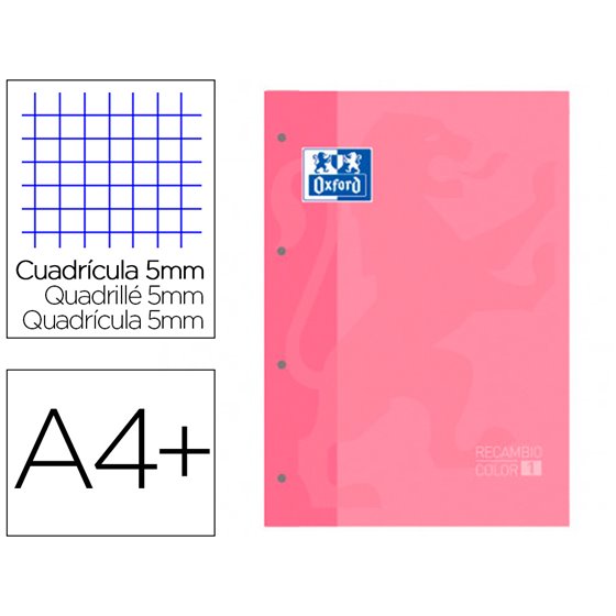 Recambio Color 1 Oxford Din A4+ 80 Hojas 90 Gr Cuadro 5 Mm 4 Taladros Color Rosa Chicle