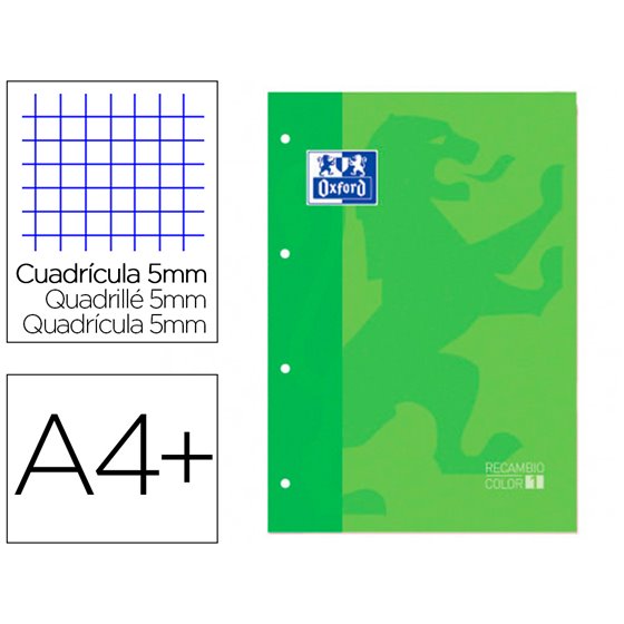 Recambio Color 1 Oxford Din A4+ 80 Hojas 90 Gr Cuadro 5 Mm 4 Taladros Color Verde Manzana