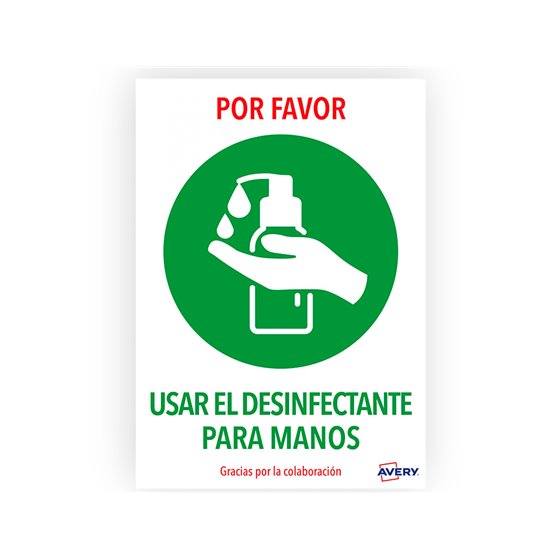 Señal Adhesiva Avery Usar El Desinfectante Para Las Manos Din A4 Resistente A Los Rayos Uv Pack De 2 Unidades