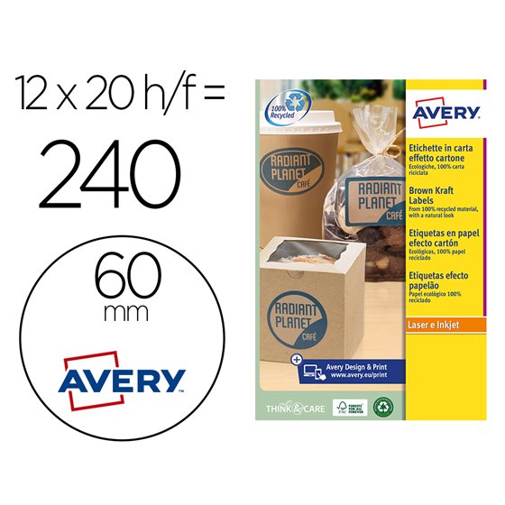 Etiqueta Adhesiva Avery Kraft Efecto Carton Redonda 60 Mm Removible Para Laser Ink-Jet