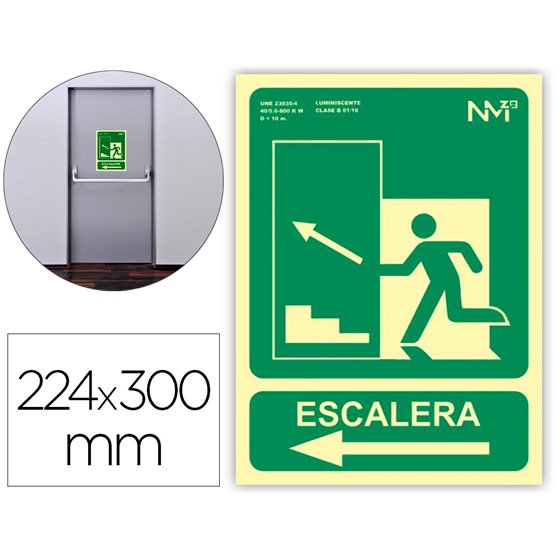 Pictograma Archivo 2000 Salida Emergencia Escalera Sube Izquierda Pvc Verde Luminiscente 224X300 Mm