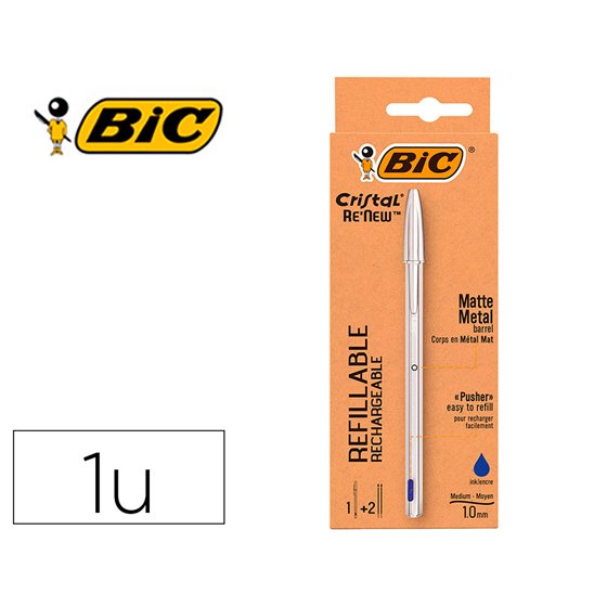 Boligrafo Bic Cristal Renew Tinta Azul Con Cuerpo En Aluminio Mate Mas 2 Recambios En Caja Carton