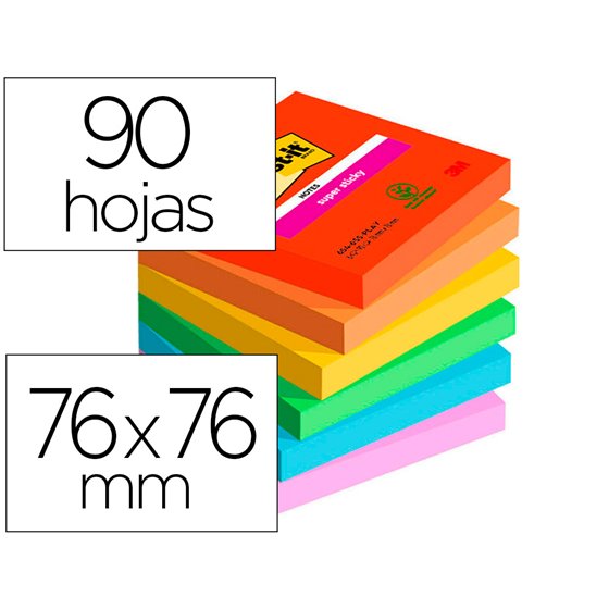 Bloc De Notas Adhesivas Quita Y Pon Post-It Super Sticky Playful 76X76 Mm 90 Hojas 100% Pefc Pack De 6 Unidades