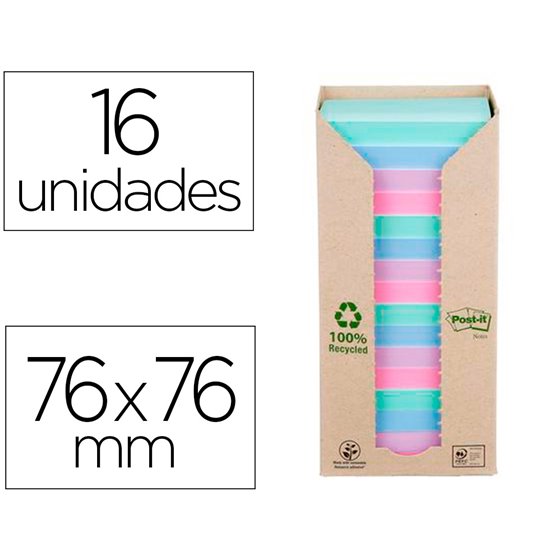 Bloc De Notas Adhesivas Quita Y Pon Post-It 76X76 Mm 100% Reciclado Pefc En Torre Pack De 16 Unidades Colores