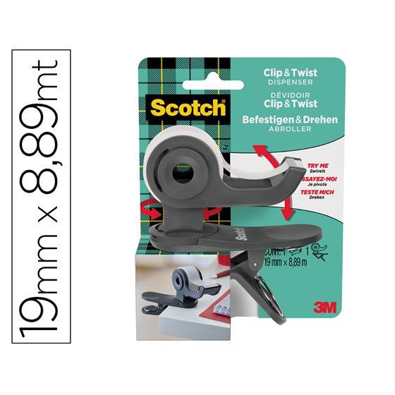 Portarrollo Scotch Clip & Twist Incluye 1 Cinta Scotch Magic 8,89 Mt X 19 Mm
