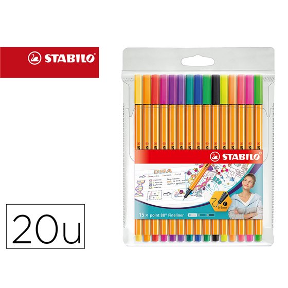 Rotulador Stabilo Punta De Fibra Point 88 Estuche De 15 Unidades Colores Surtidos + 5 Colores Neon