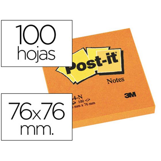 Bloc De Notas Adhesivas Quita Y Pon Post-It 76X76 Mm Naranja Neon Con 100 Hojas