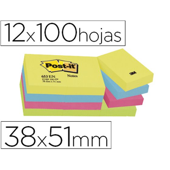 Bloc De Notas Adhesivas Quita Y Pon Post-It 38X51 Mm Neon Pack De 12 Blocs Surtido