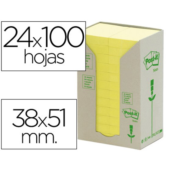 Bloc De Notas Adhesivas Quita Y Pon Reciclada En Torre Post-It 38 X 51 Mm 24 Blocs 653 Reciclado
