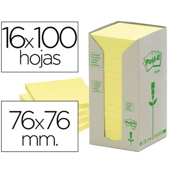 Bloc De Notas Adhesivas Quita Y Pon Reciclada En Torre Post-It 76 X 76 Mm 16 Blocs 654 Reciclado