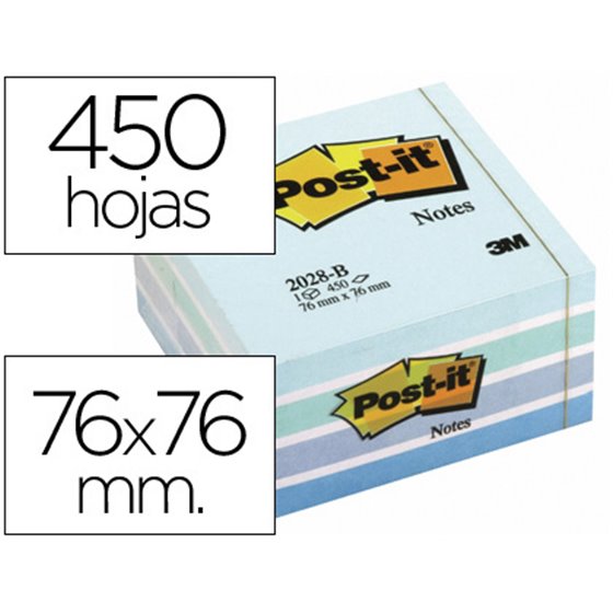 Bloc De Notas Adhesivas Quita Y Pon Post-It 76X76 Mm Cubo Color Azul Pastel 450 Hojas