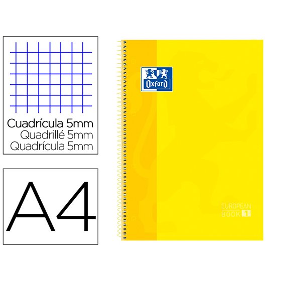 Bloc Espiral Oxford Tapa Extradura Microperforado Din A4 80 Hojas Cuadros 5Mm Color Amarillo