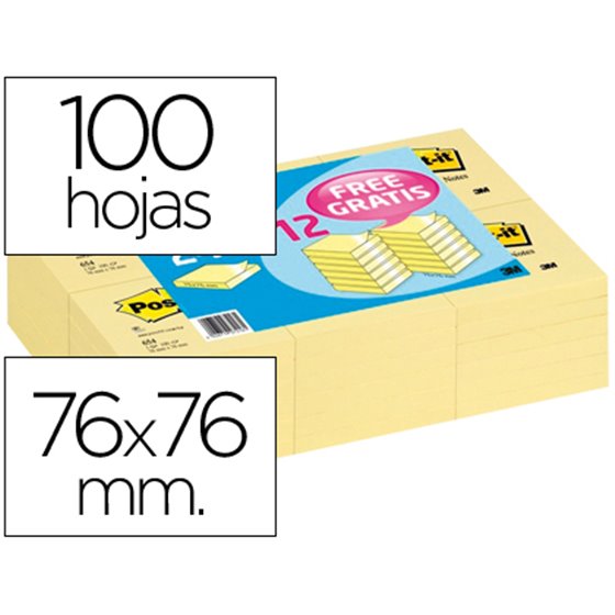 Bloc De Notas Adhesivas Quita Y Pon Post-It 76X76 Mm Pack Promocional 24+12 Unidades