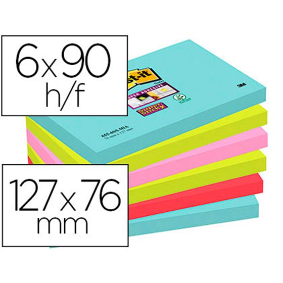 Bloc De Notas Adhesivas Quita Y Pon Post-It Super Sticky 76X127 Mm Con 90 Hojas Pack De 6 Unidades Colores Miami
