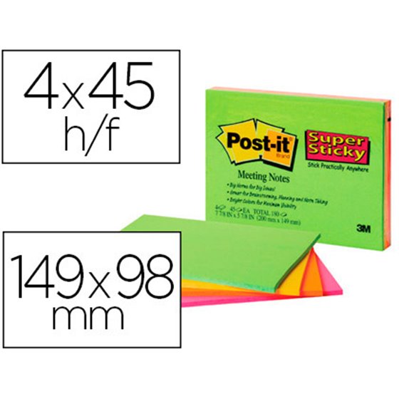 Bloc De Notas Adhesivas Quita Y Pon Post-It Super Sticky 149X98 Mm Con 45 Hojas Pack De 4 Unidades Colores Neon
