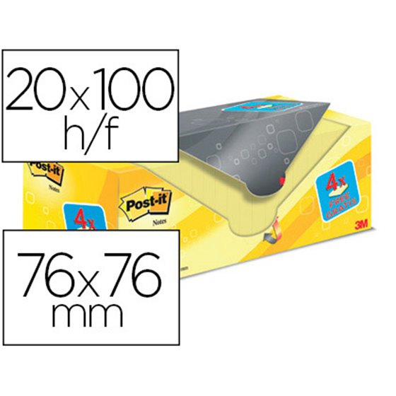 Bloc De Notas Adhesivas Quita Y Pon Post-It Amarillo Canario 76X76 Mm Pack Promocional 16+4 Gratis