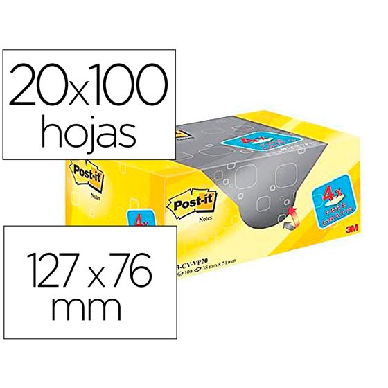Bloc De Notas Adhesivas Quita Y Pon Post-It Amarillo Canario 76X127 Mm Pack Promocional 16+4 Gratis