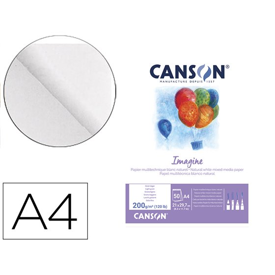 Bloc Dibujo Multitecnicas Canson Imagine Din A4 Encolado Liso 21X29,7 Cm 50 Hojas 200 Gr