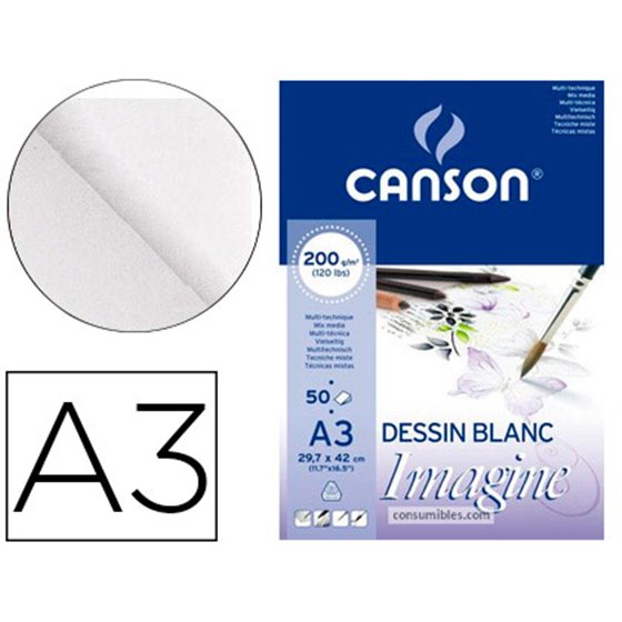 Bloc Dibujo Multitecnicas Canson Imagine Din A3 Encolado Liso 29,7X42 Cm 50 Hojas 200 Gr