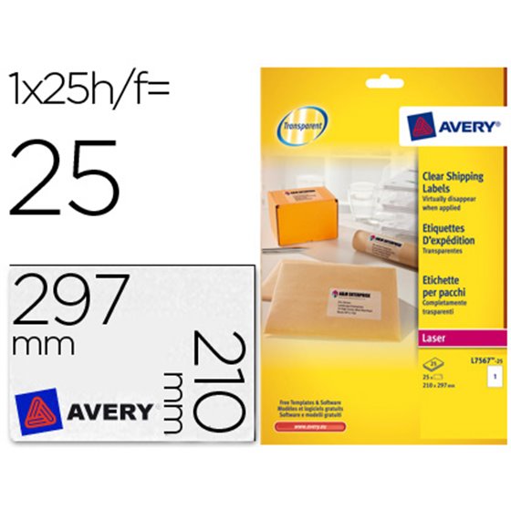 Etiqueta Adhesivas Resistente Avery Transparente 210X297 Mm Caja De 25 Unidades
